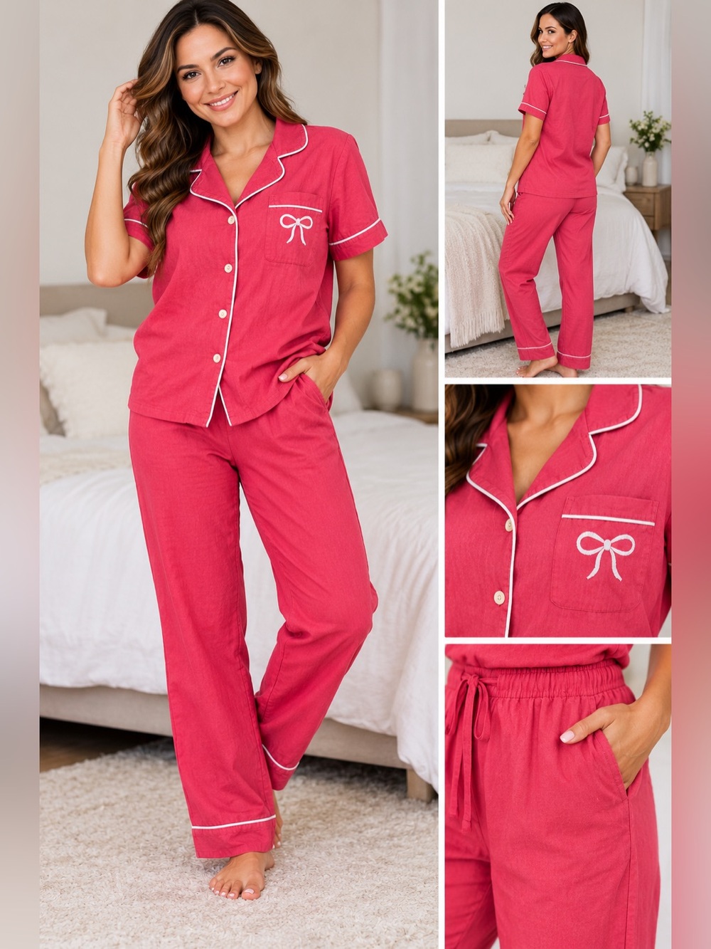 Nordstrom Red Short-Sleeve Button Pajama Set with Contrast Piping